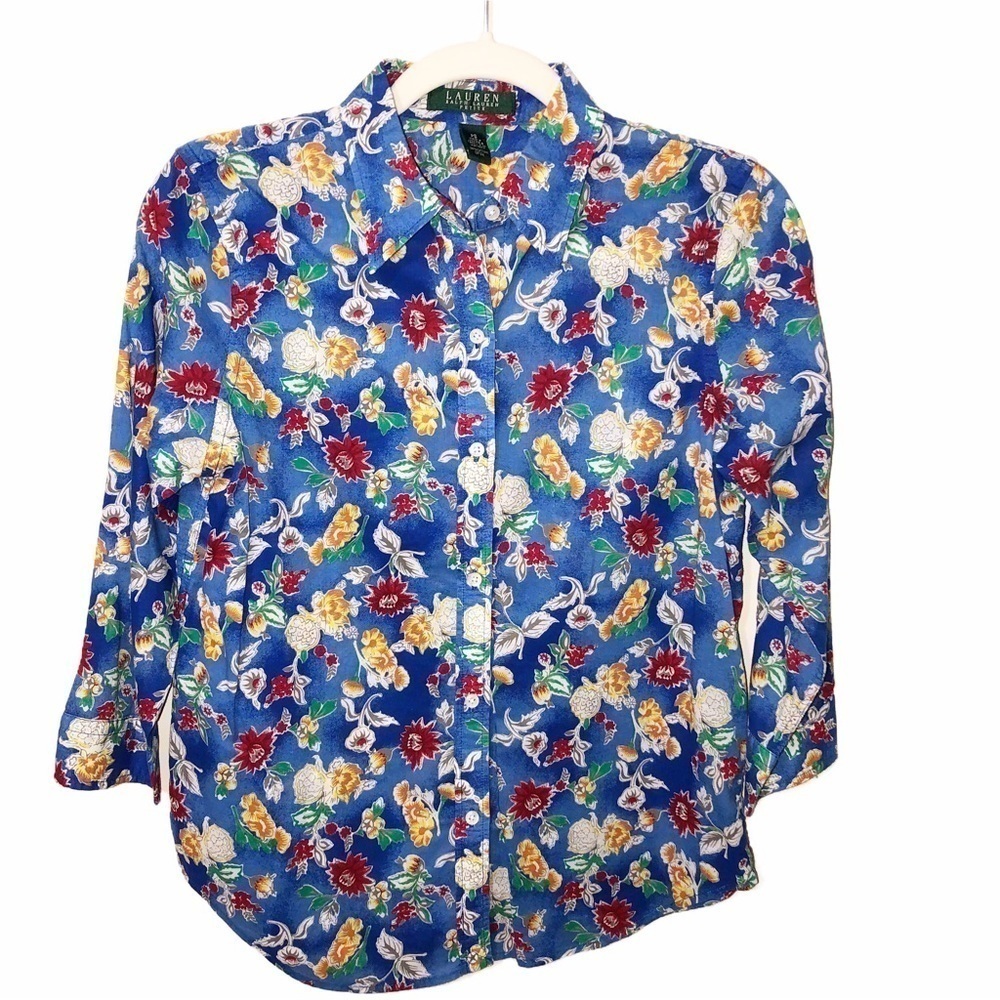 Ralph Lauren LRL Blue Floral Cotton Button Front Size PS Multi Color Shirt Top